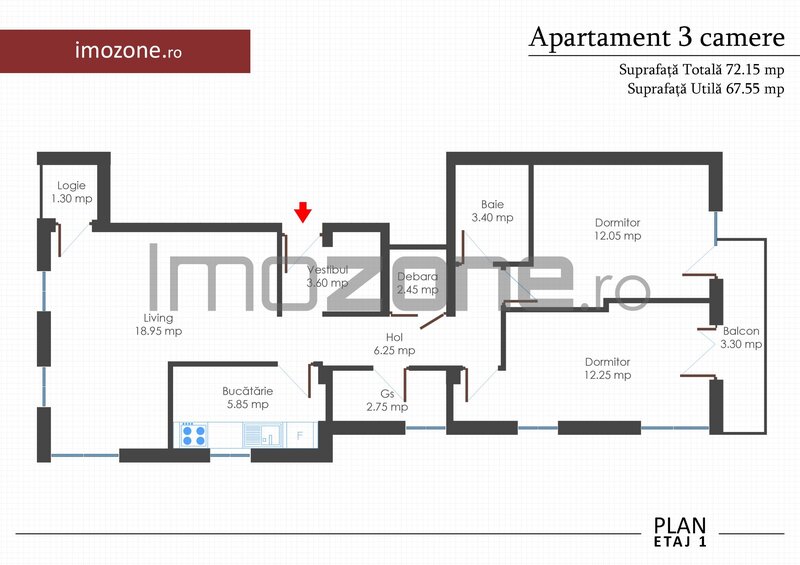 Apartament 3 camere, 2 bai, 2 balc., bloc nou, finisat la cheie, centrala termica